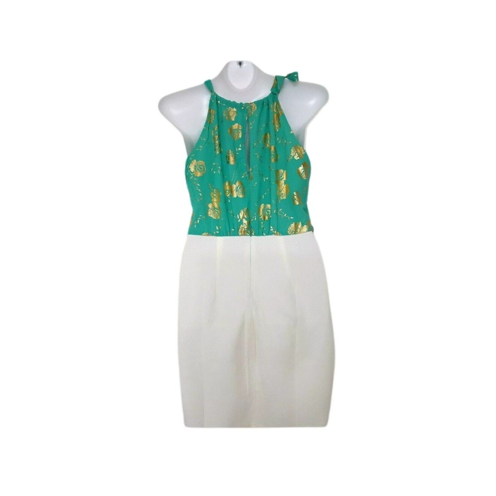Naranka Womens Sun Dress Size Large Sleeveless Green Gold Foil White - Picture 13 of 13